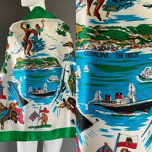 Vtg Novelty Rock of Gibraltar Acetate Souvenir Scarf 26 In Sq Exc Condition